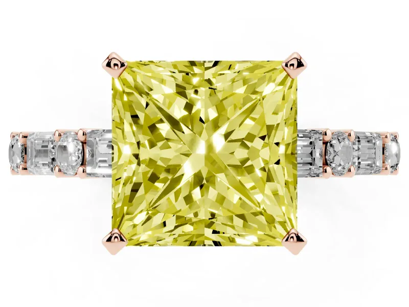 Princess Cut Baguette Side Stone Engagement Ring Setting for a Fancy Yellow Lab-Grown Diamond | Rose Gold