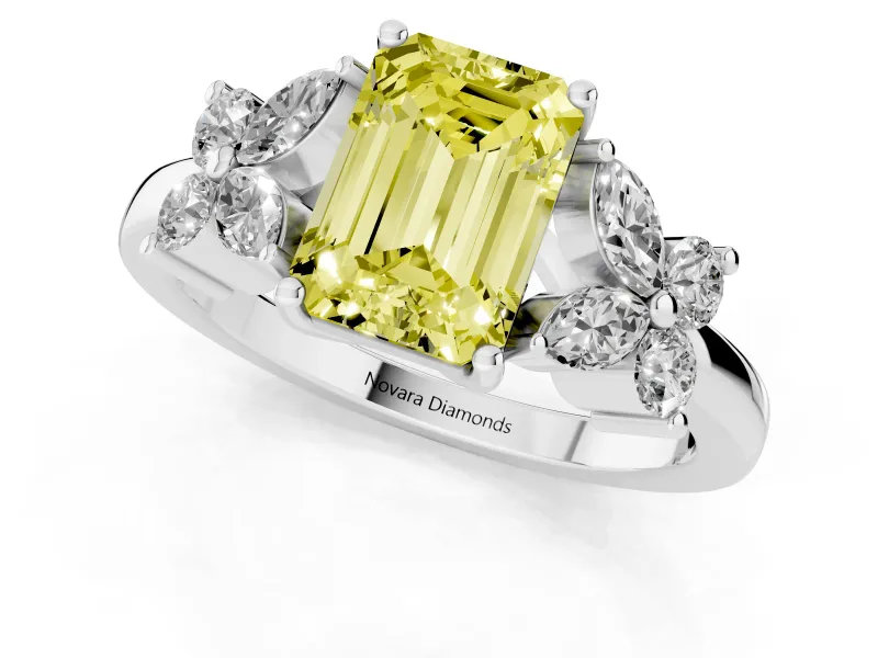 Fancy Yellow Emerald Cut Diamond Floral Cluster Ring Set in Silver with Marquise Petals and Prong Setting