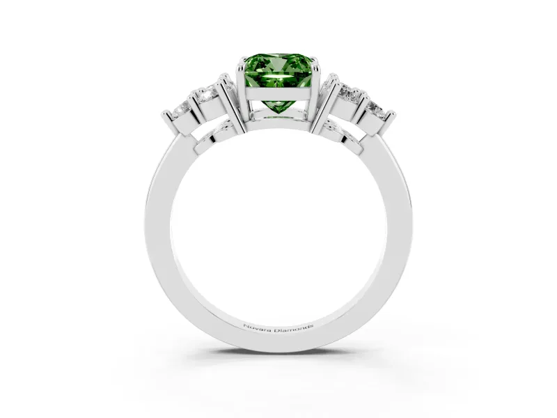 Fancy Green Cushion Cut Diamond Solitaire Ring Set in Silver with Cluster Accents on Each Side