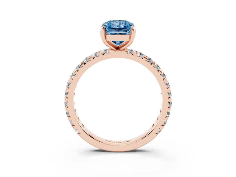 Fancy Blue Radiant Cut Diamond Pavé Solitaire Ring Set in Rose gold with Round Band and Prong Setting