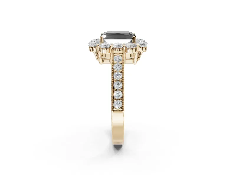 Fancy Black Radiant Cut Lab-Grown Diamond Halo Pavé Engagement Ring Set in Yellow Gold with Milgrain Detailing