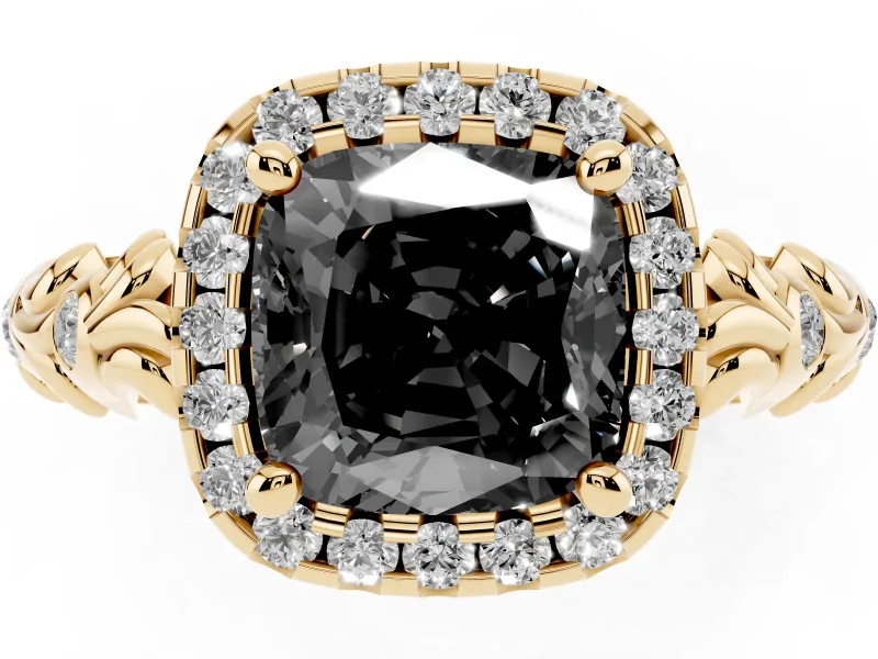 Cushion Cut Leaf Halo Engagement Ring Setting for a Black Center | Bezel Accents | Yellow Gold