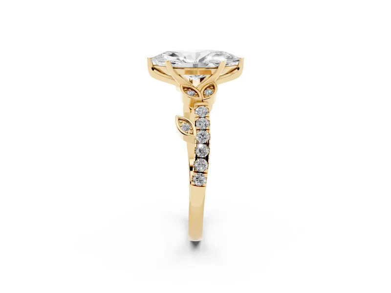 Marquise Cut Diamond Solitaire Leaf-Inspired Ring Set in Yellow gold with Pavé Band and Prong Setting