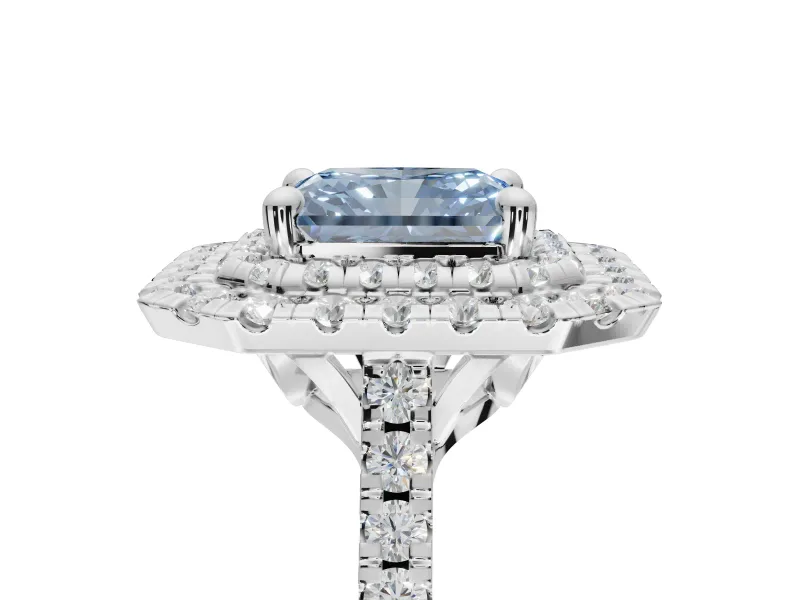 Fancy Blue Radiant Cut Lab-Grown Diamond Double Halo Statement Ring Set in Platinum with Pavé Band