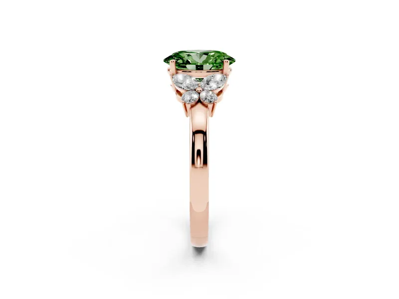 Fancy Green Oval Cut Diamond Solitaire Floral Ring Set in Rose gold with Marquise Petals and Prong Setting