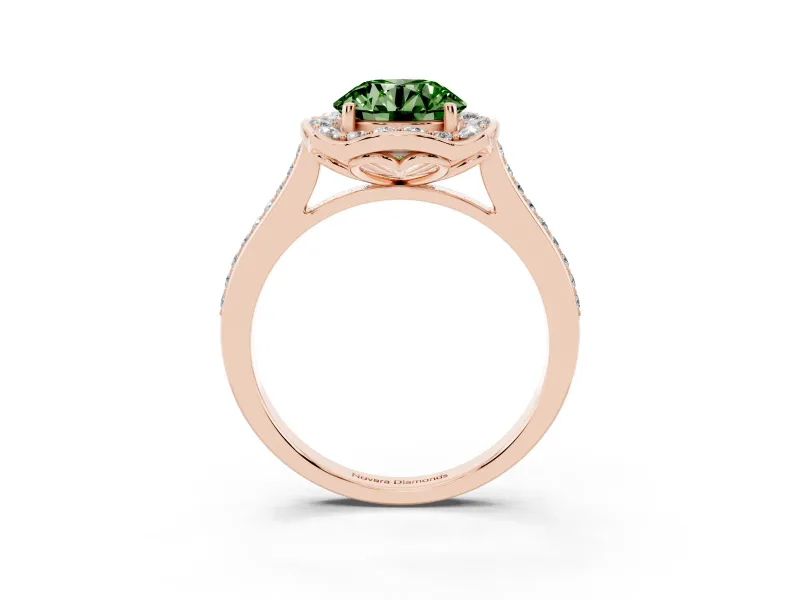 Round Halo Engagement Ring Setting for a Fancy Green Lab-Grown Diamond | Petal Tips | Rose Gold