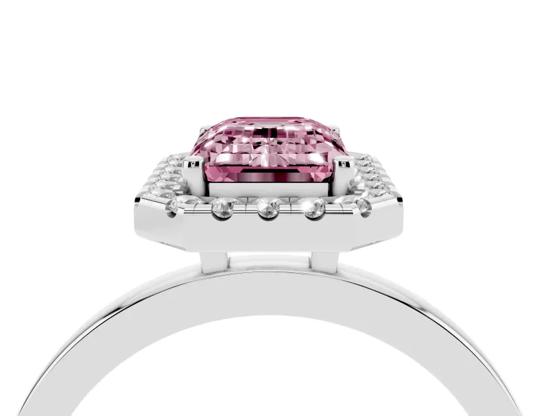 Fancy Pink Emerald Cut Diamond Halo Solitaire Ring Set in Platinum with Pavé Band and Prong Setting