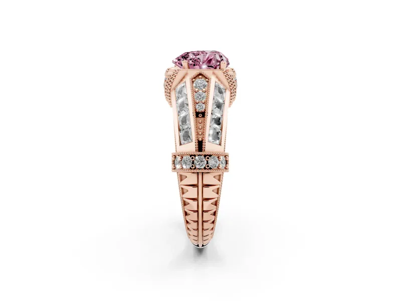 Fancy Pink Heart Cut Diamond Vintage-Inspired Milgrain Ring Set in Rose gold with Accent Split Shank