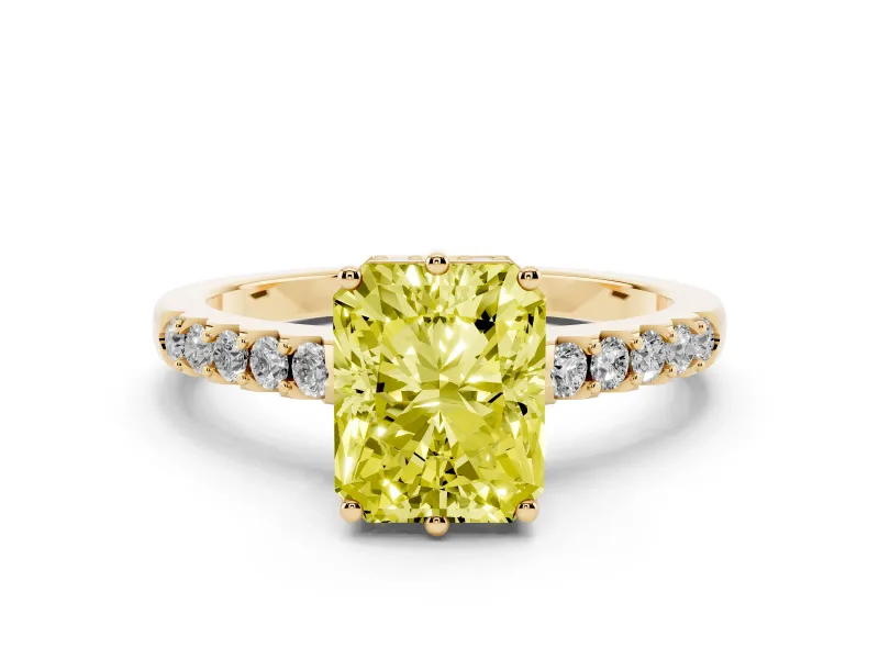 Fancy Yellow Radiant Cut Diamond Solitaire Engagement Ring Set in Yellow gold with Pavé Band and Prong Setting