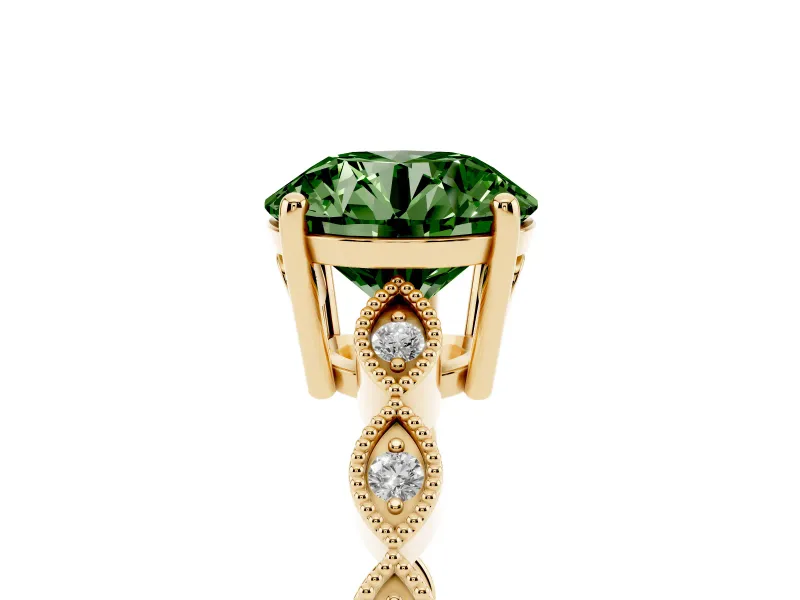 Fancy Green Round Cut Diamond Solitaire Ring Set in Yellow gold with Infinity Twist Pavé Band
