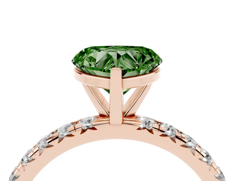 Fancy Green Heart Cut Diamond Pavé Solitaire Ring Set in Rose gold with Round Band and Prong Setting