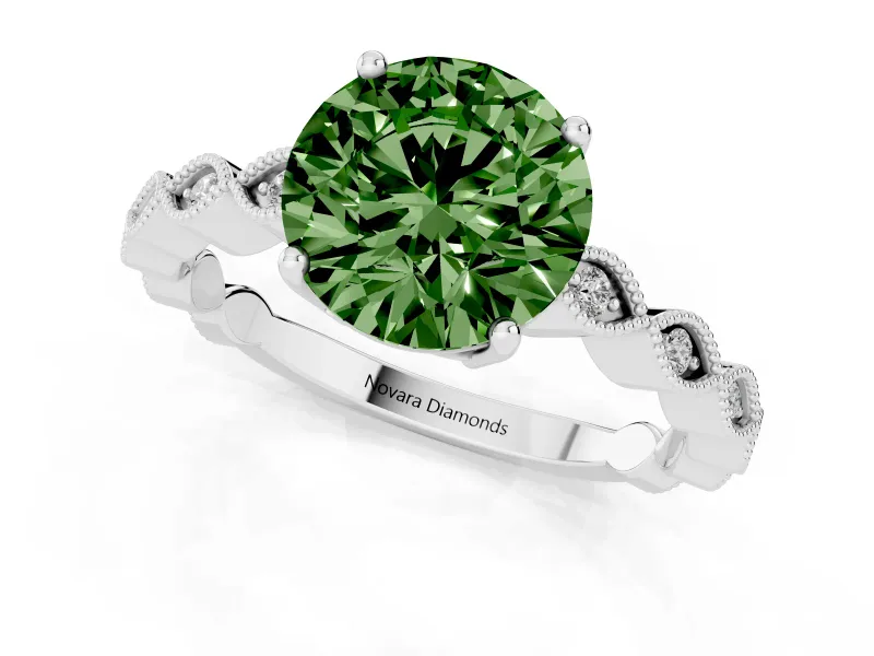 Fancy Green Round Cut Diamond Solitaire Ring Set in Platinum with Infinity Twist Pavé Band
