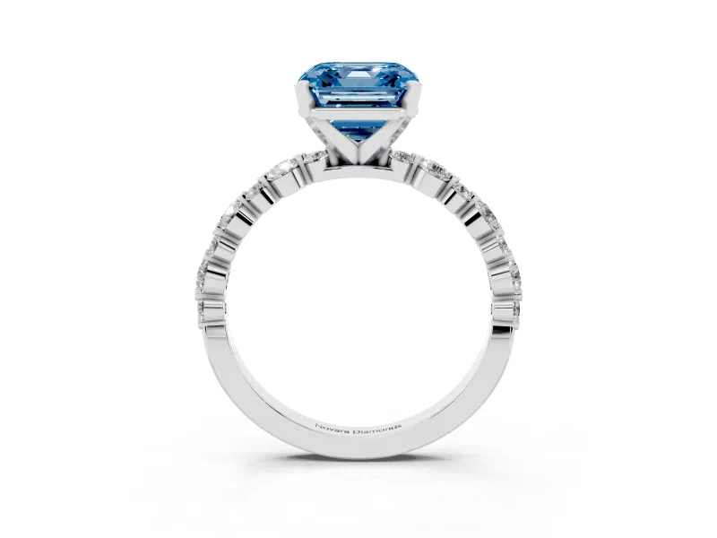 Fancy Blue Asscher Cut Diamond Prong Set Engagement Ring Set in Silver with Round Accent Pavé Band