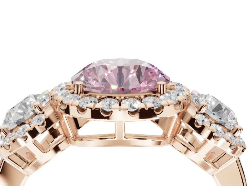 Round Three Stone Halo Engagement Ring Setting for a Fancy Pink Lab-Grown Diamond | Rose Gold