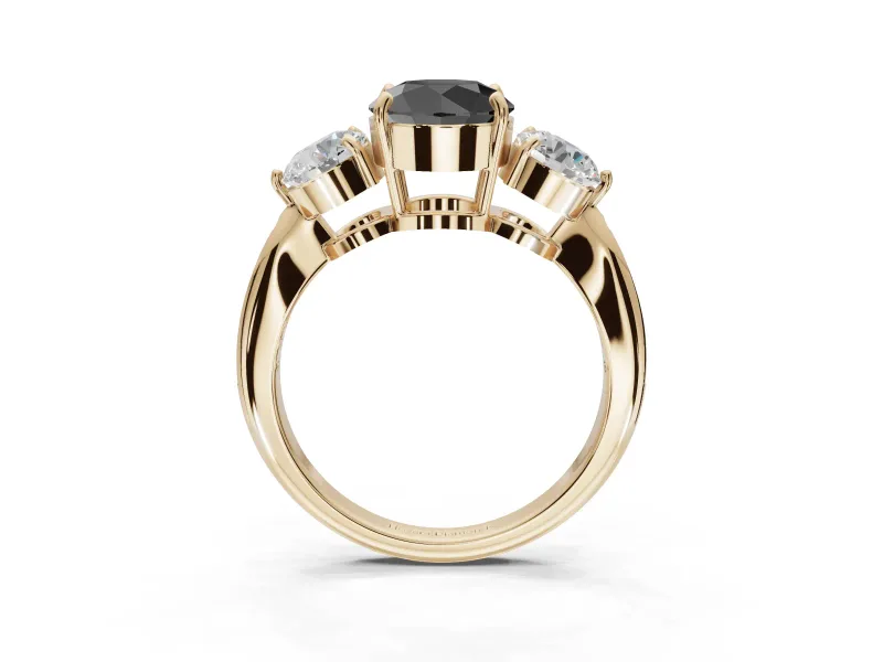 Round Three Stone Engagement Ring Setting for a Black Center | Tapered Pavé Band | Yellow Gold