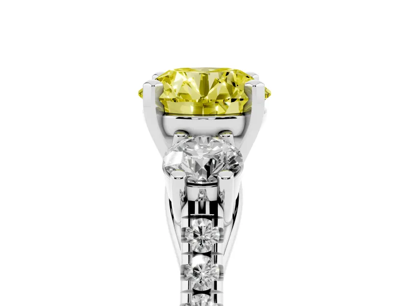 Fancy Yellow Three-Stone Round Cut Diamond Pavé Band Ring Set in Platinum with Prong-Set Trio