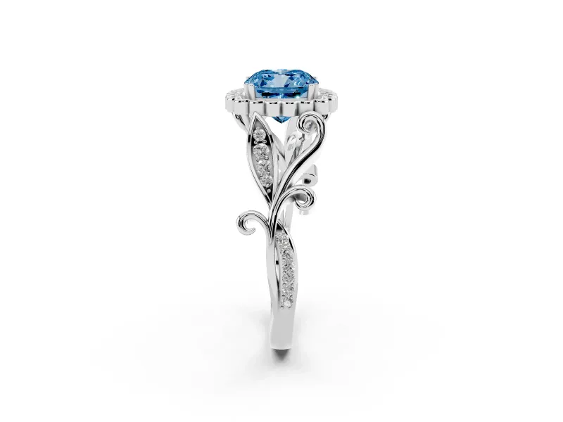 Cushion Cut Leaf Halo Engagement Ring Setting for a Fancy Blue Lab-Grown Diamond | Platinum