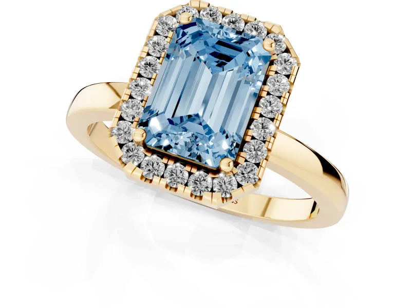 Fancy Blue Emerald Cut Diamond Halo Solitaire Ring Set in Yellow gold with Pavé Band and Prong Setting