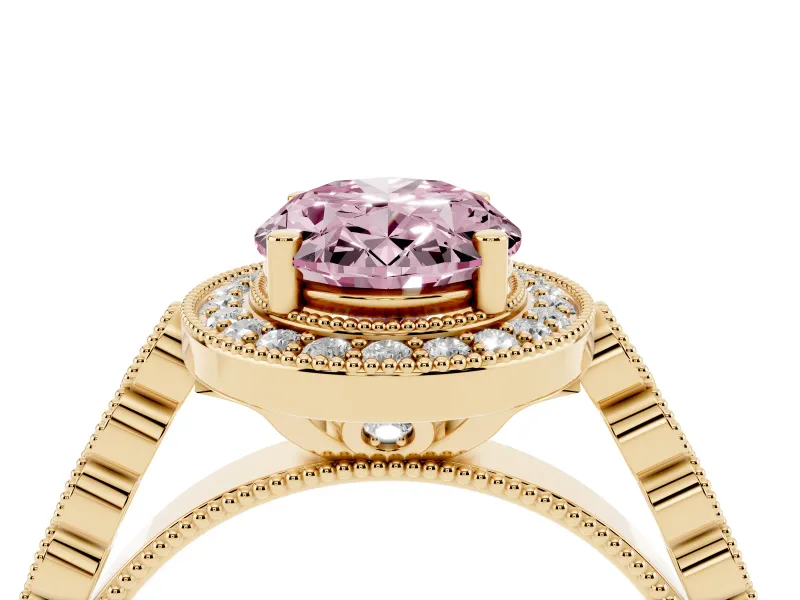 Oval Milgrain Halo Engagement Ring Setting for a Fancy Pink Lab-Grown Diamond | Graduated Bezel Accents | Yellow Gold