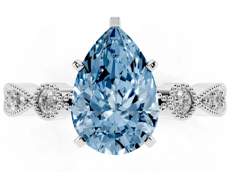 Fancy Blue Pear Cut Diamond Solitaire Engagement Ring Set in White gold with Milgrain Bezel Accent Band