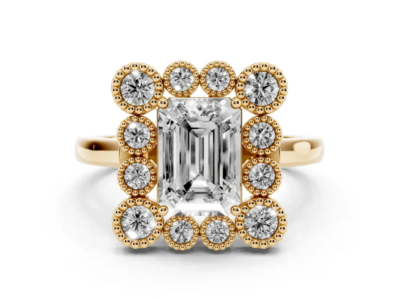 Emerald Cut Diamond Cluster Halo Ring Set in Yellow gold with Milgrain Bezel Accents and Plain Band