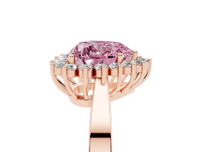 Fancy Pink Heart Cut Diamond Halo Ring Set in Rose gold with Round Halo and Smooth Solitaire Band