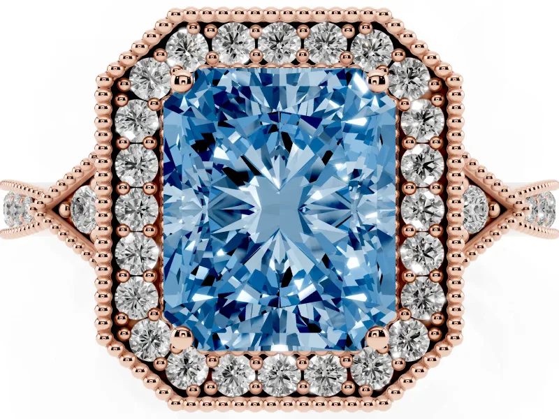 Radiant Cut Milgrain Halo Engagement Ring Setting for a Fancy Blue Lab-Grown Diamond | Graduated Pavé | Rose Gold