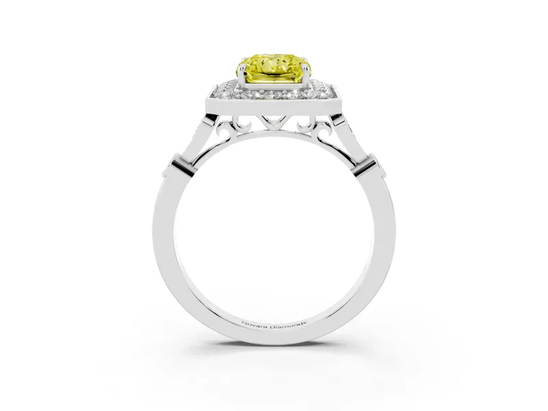 Radiant Cut Halo Engagement Ring Setting for a Fancy Yellow Lab-Grown Diamond | Bezel Station Shoulders | Platinum