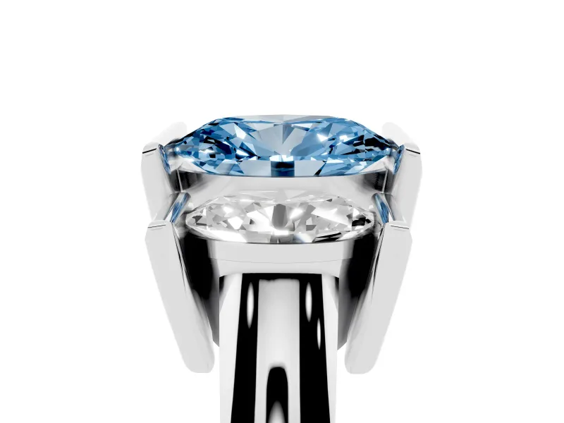 Fancy Blue Oval Cut Diamond Three-Stone Channel Set Ring Set in Silver with Smooth Polished Band