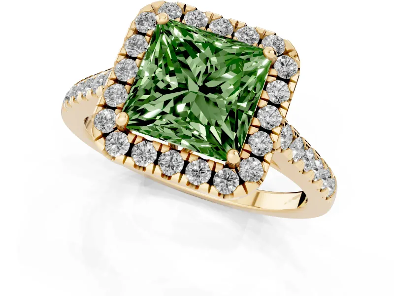 Princess Cut Raised Halo Engagement Ring Setting for a Fancy Green Lab-Grown Diamond | Yellow Gold
