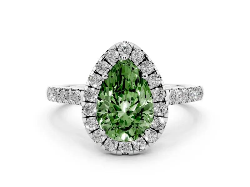 Fancy Green Pear Cut Diamond Halo Pavé Engagement Ring Set in White gold with Prong Setting