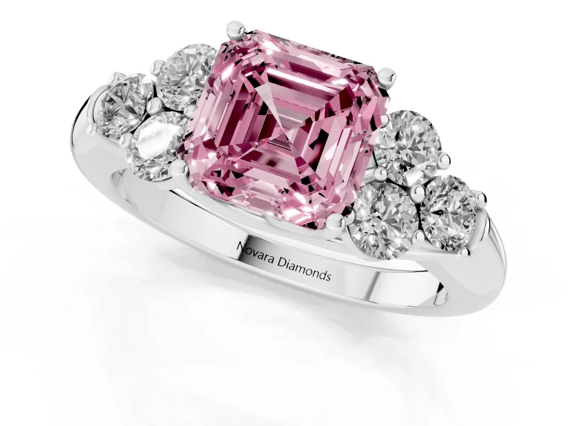 Fancy Pink Asscher Cut Diamond Cluster Ring Set in Silver with Round Accent Stones and Prong Setting on a Plain Band