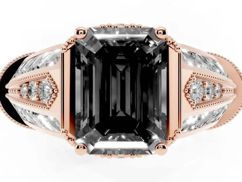 Fancy Black Emerald Cut Diamond Vintage-Inspired Milgrain Ring Set in Rose gold with Accent Split Shank
