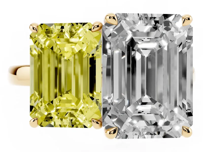 Fancy Yellow Emerald Cut and Emerald Cut Toi Moi Ring Set in Yellow gold with Prong Setting