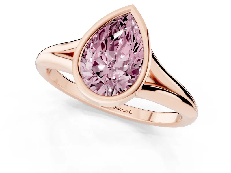 Fancy Pink Bezel Set Pear Cut Diamond Solitaire Ring Set in Rose gold with Tapered Band