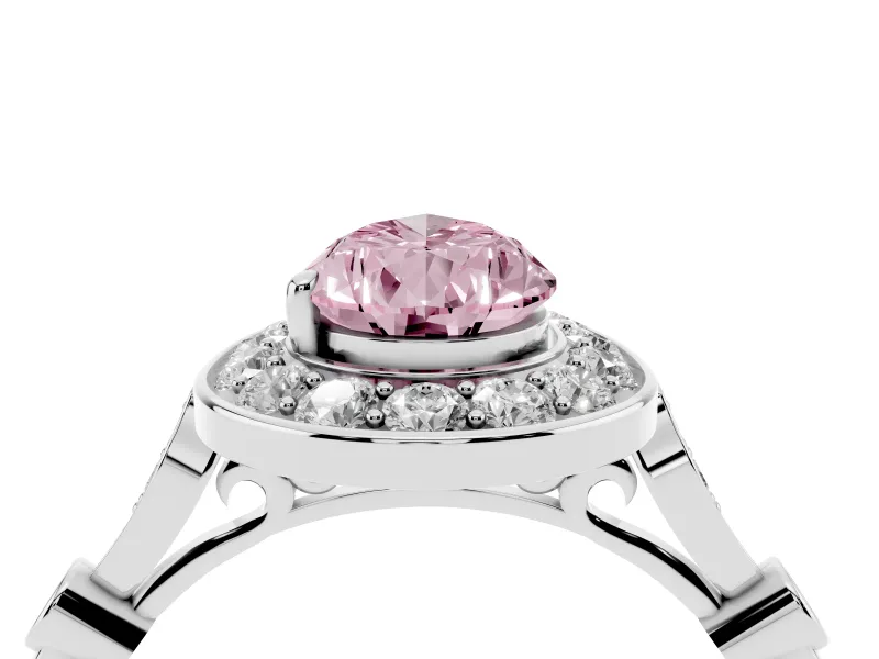 Fancy Pink Pear Cut Diamond Halo Engagement Ring Set in Silver with Twisted Band and Prong Setting