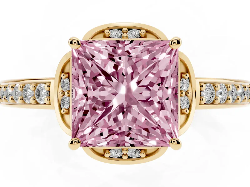 Princess Cut Floral Pavé Engagement Ring Setting for a Fancy Pink Lab-Grown Diamond | Yellow Gold