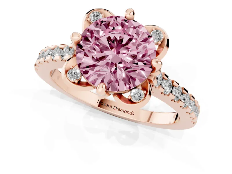Round Floral Engagement Ring Setting for a Fancy Pink Lab-Grown Diamond | Pavé Band | Rose Gold