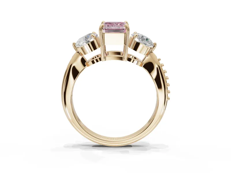 Emerald Cut Three Stone Engagement Ring Setting for a Fancy Pink Lab-Grown Diamond | Tapered Pave Band | Yellow Gold