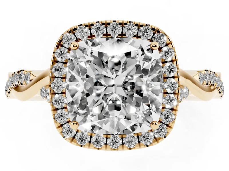 Cushion Cut Halo Engagement Ring Setting | Pavé Twist Band | Yellow Gold