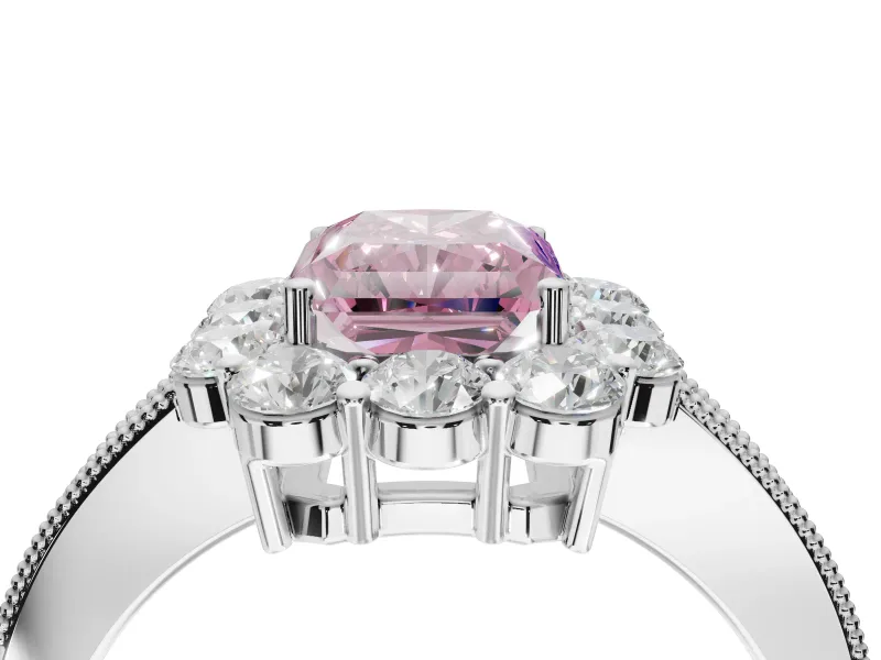 Radiant Cut Vintage Halo Engagement Ring Setting for a Fancy Pink Lab-Grown Diamond | Milgrain Channel Band | White Gold