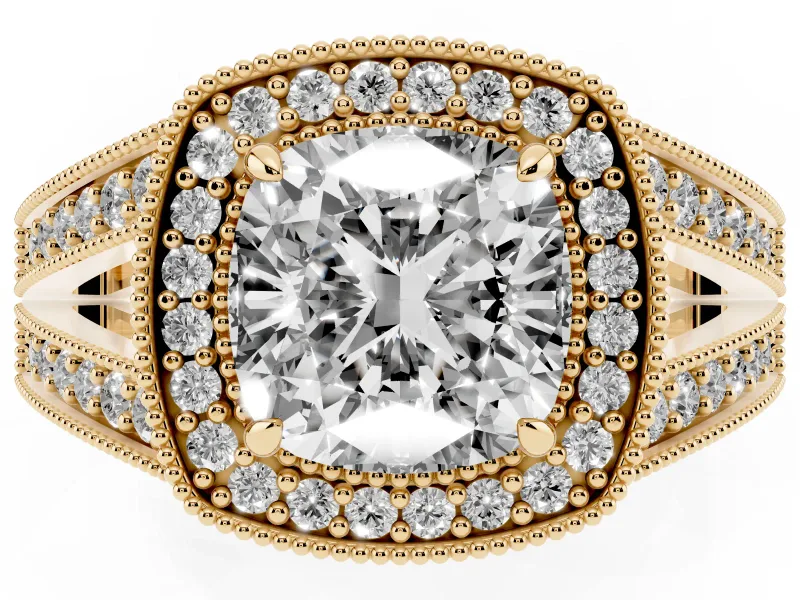 Cushion Cut Vintage Milgrain Halo Engagement Ring Setting | Pave Split Shank | Yellow Gold