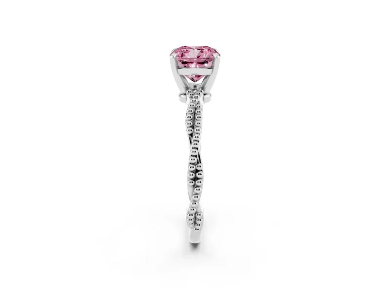 Fancy Pink Cushion Cut Diamond Solitaire Ring Set in Silver with Twisted Band and Bead Prong Setting