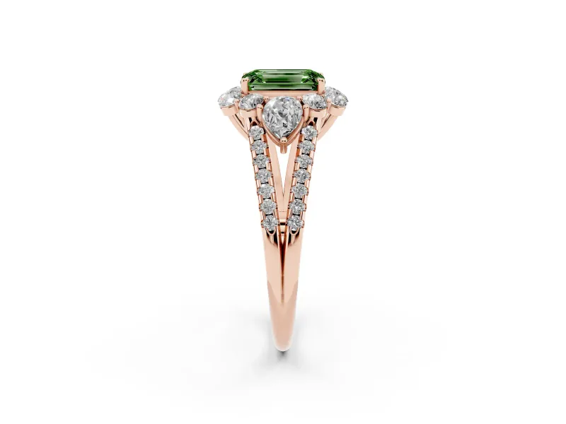 Fancy Green Emerald Cut Diamond Halo Split Shank Engagement Ring Set in Rose gold with Prong-Held Center Stone