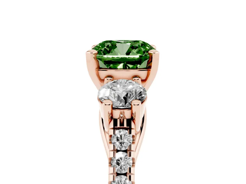 Fancy Green Three-Stone Cushion Cut Diamond Pavé Band Ring Set in Rose gold with Prong-Set Trio