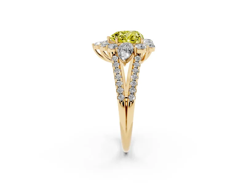 Fancy Yellow Heart Cut Diamond Halo Split Shank Engagement Ring Set in Yellow gold with Prong-Held Center Stone