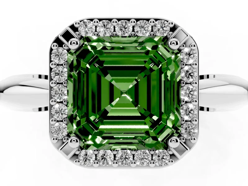 Fancy Green Asscher Cut Diamond Halo Engagement Ring Set in Platinum with Plain Split Shank and Prong Setting