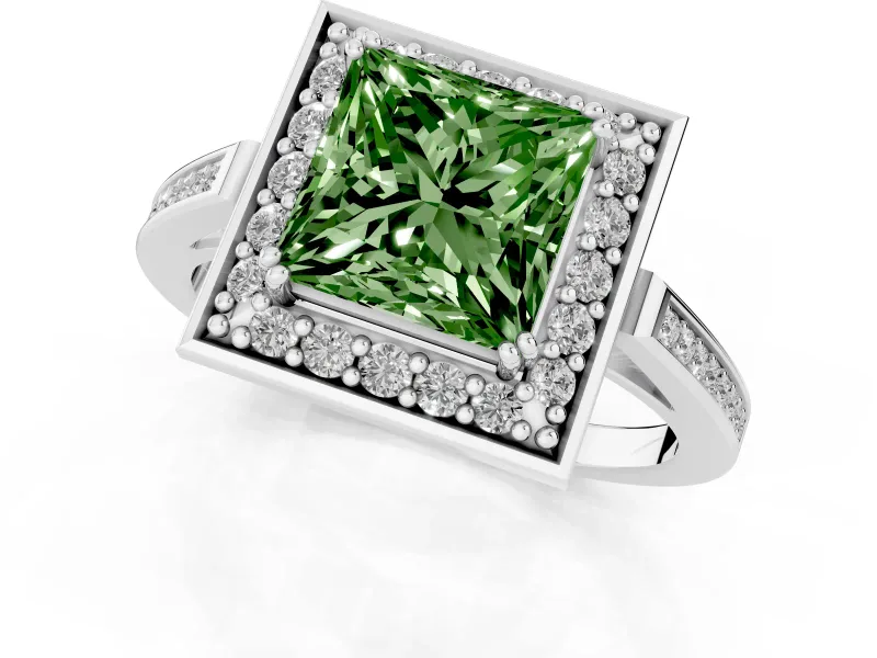 Princess Cut Halo Engagement Ring Setting for a Fancy Green Lab-Grown Diamond | Polished Halo Rim | Platinum