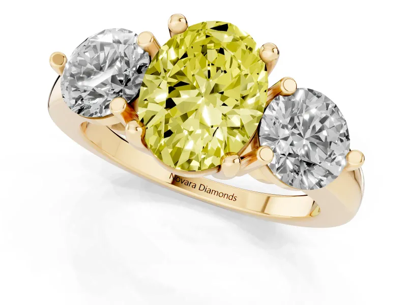 Oval Three Stone Engagement Ring Setting for a Fancy Yellow Lab-Grown Diamond | Open Prong Baskets | Yellow Gold