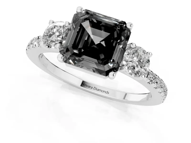 Asscher Cut Three Stone Engagement Ring Setting for a Black Center | Pavé Shoulders | Sterling Silver